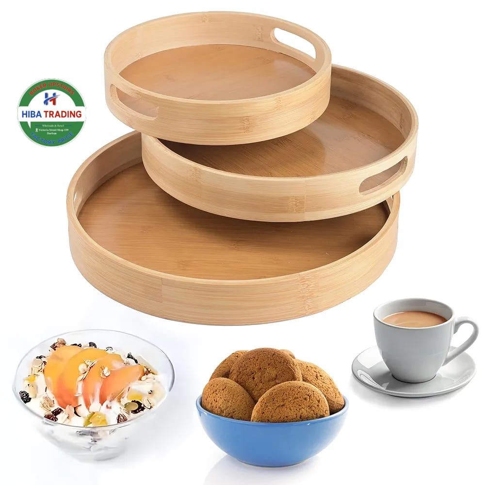 Natural Wooden Round Trays Set For Serving And Decor