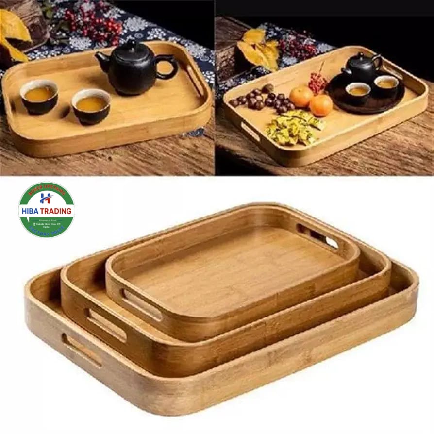 Three Piece Wooden Tray Set With Varying Sizes Natural Wood