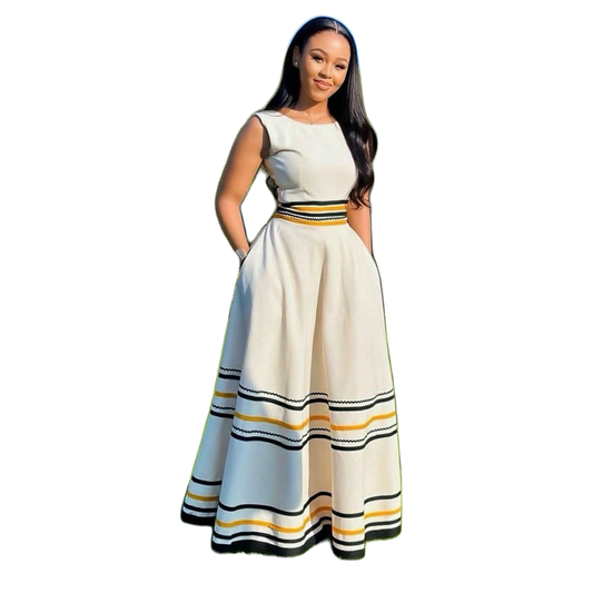 White Traditional Dress With Stripes For Women Elegant Chic