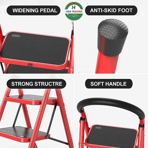 3 Step Foldable Ladder Red for Home Maintenance and Reach