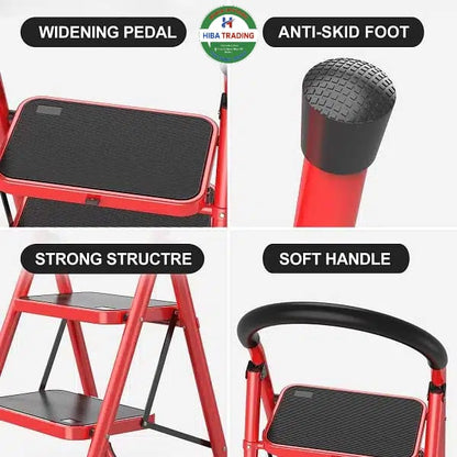3 Step Foldable Ladder Red for Home Maintenance and Reach