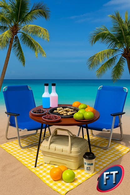 Picnic Beach Combo Grill Round Table And Camp Chairs Basket