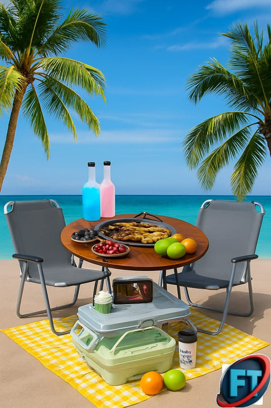 Picnic Beach Combo Grill Round Table And Camp Chairs Basket