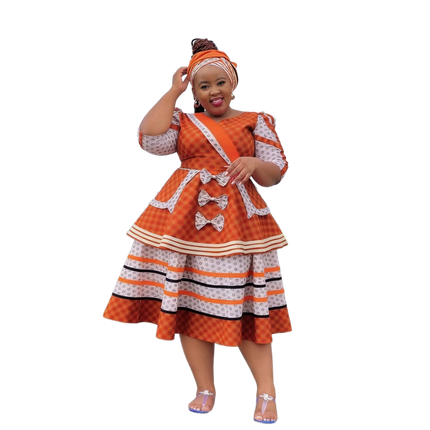 Orange Three Piece Dress And Apron Set For Women Versatile Elegant Outfit Perfect For African Traditional Occasions