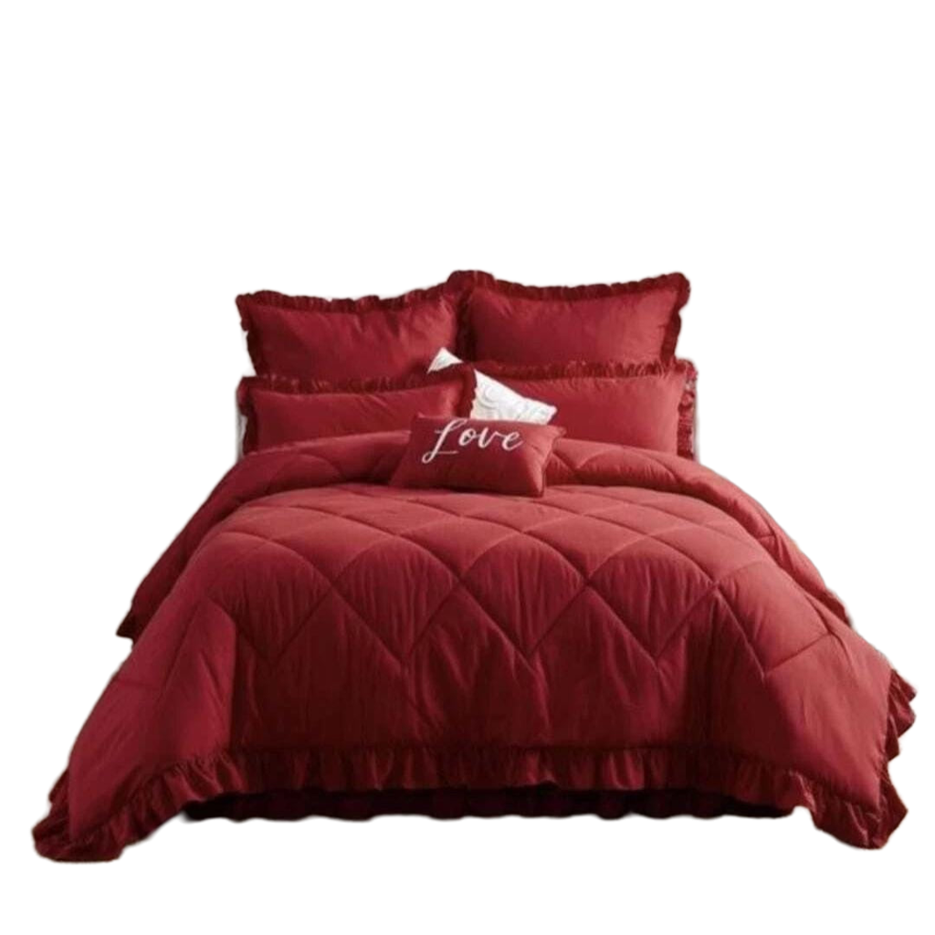 King Size 5 Piece Bedding Set Frilled Comforter Pillowcases