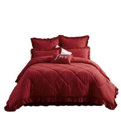 King Size 5 Piece Bedding Set Frilled Comforter Pillowcases