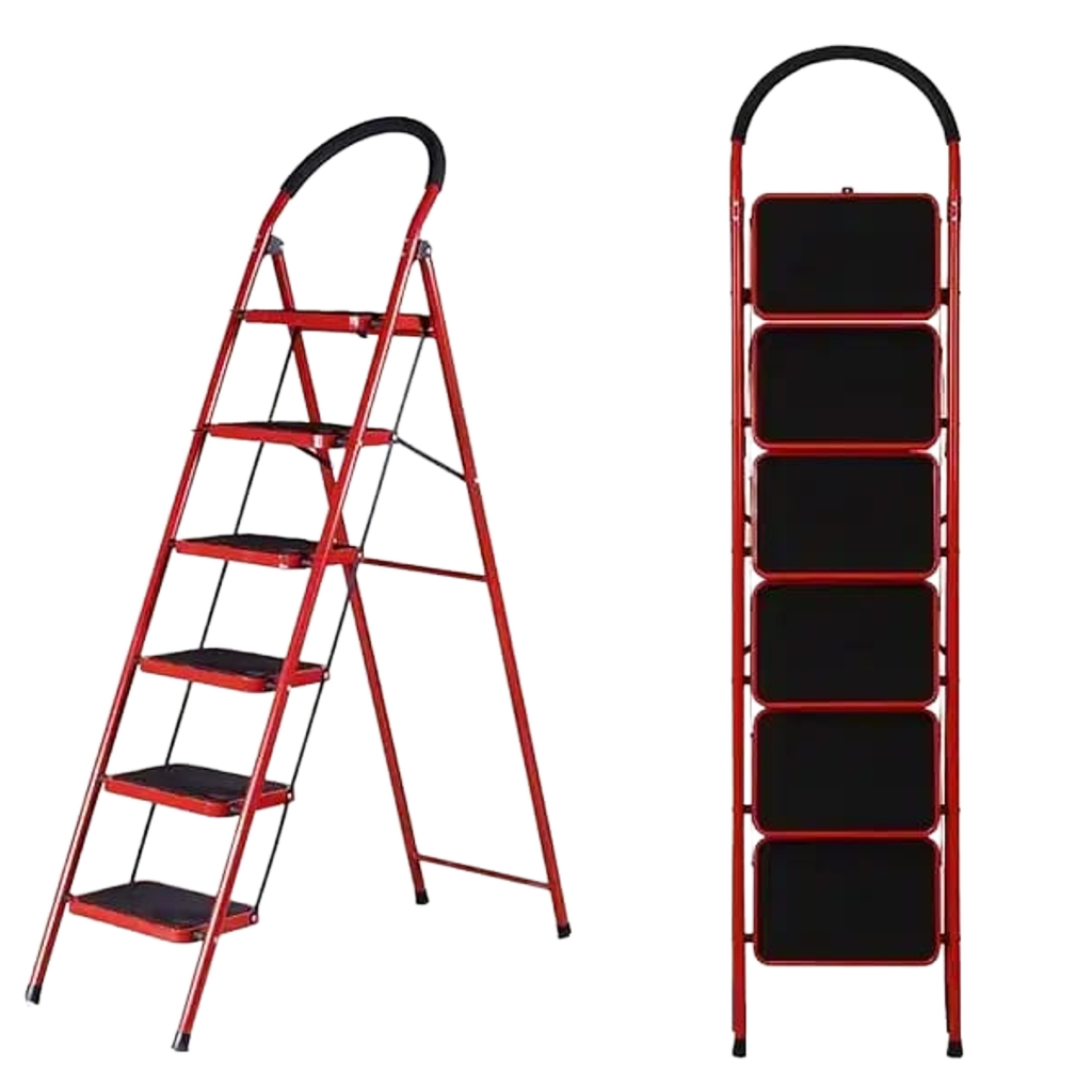 Red 6 Step Foldable Ladder For Home DIY Projects Safe