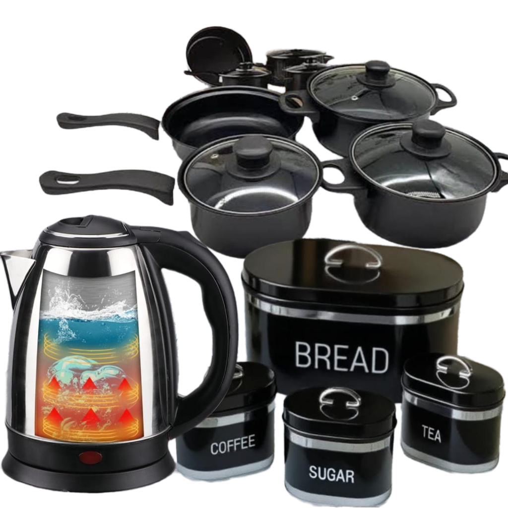 13 Piece Cookware Set 2L Electric Kettle And Bread Bin