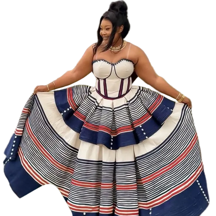 Cream Traditional Dress With Blue Stripes For Women
