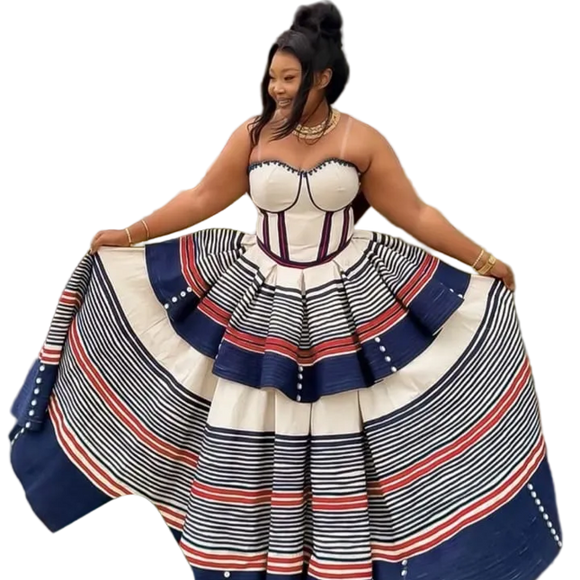 Cream Traditional dress with Blue stripes by Vicetech Merchants
