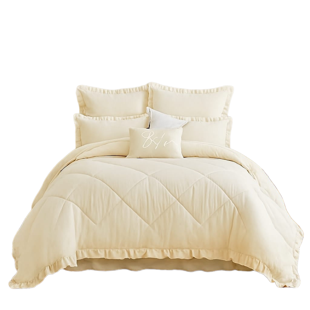 King Size 5 Piece Bedding Set Frilled Comforter Pillowcases