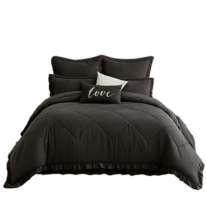 King Size 5 Piece Bedding Set Frilled Comforter Pillowcases