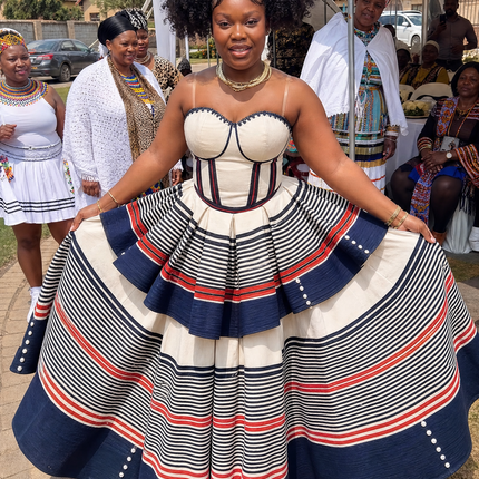 Cream Traditional Dress With Blue Stripes For Women