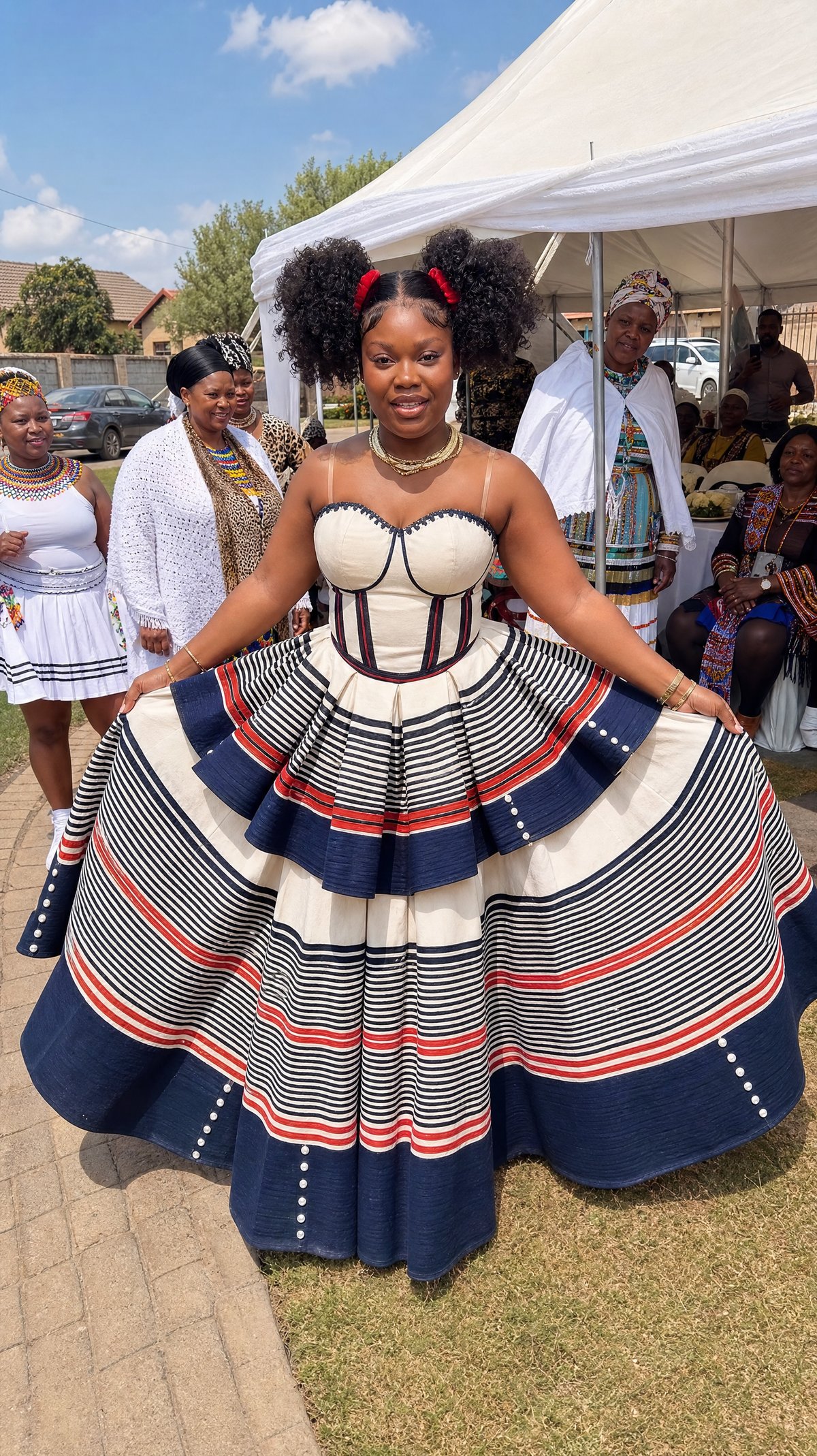 Cream Traditional Dress With Blue Stripes For Women