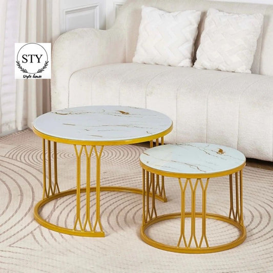 Two Round Faux Marble Coffee Tables With Gold Metal Frame