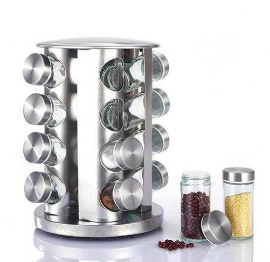 Rotating Spice Rack With 16 Glass Jars For Kitchen Use