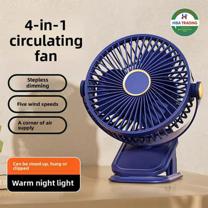 USB Clip Fan With Brushless Motor Night Lamp 5 Wind Gear