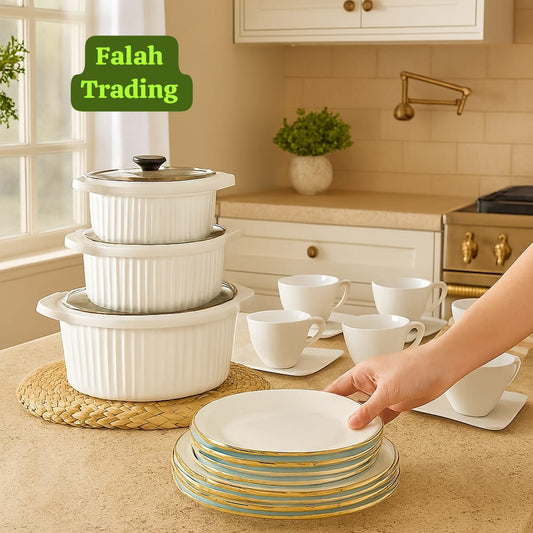 White Ceramic Kitchen Combo 3Pc Pot Set 12Pc Tea Set