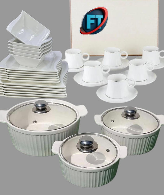 White Dinner Set Combo 18Pcs Tea Set 3Pcs Ceramic Pots