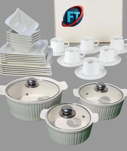 White Dinner Set Combo 18Pcs Tea Set 3Pcs Ceramic Pots