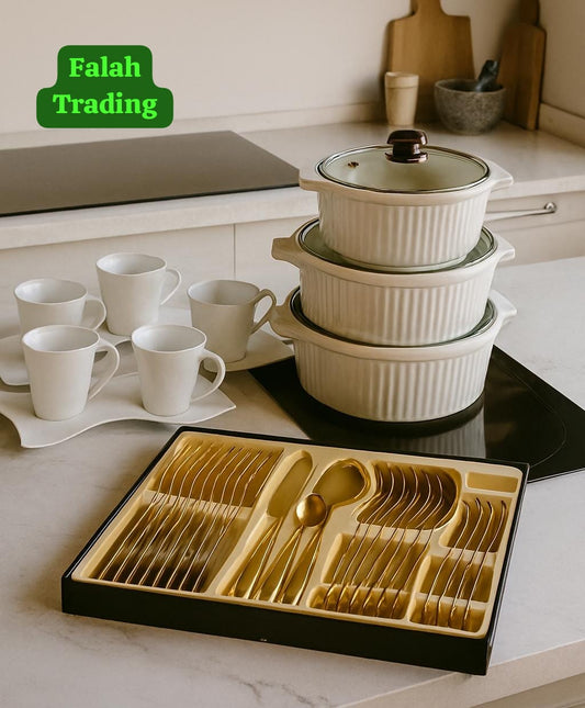 Kitchen Combo Ceramic Pots 3pc Flatware 24pc Gold Tea 12pc