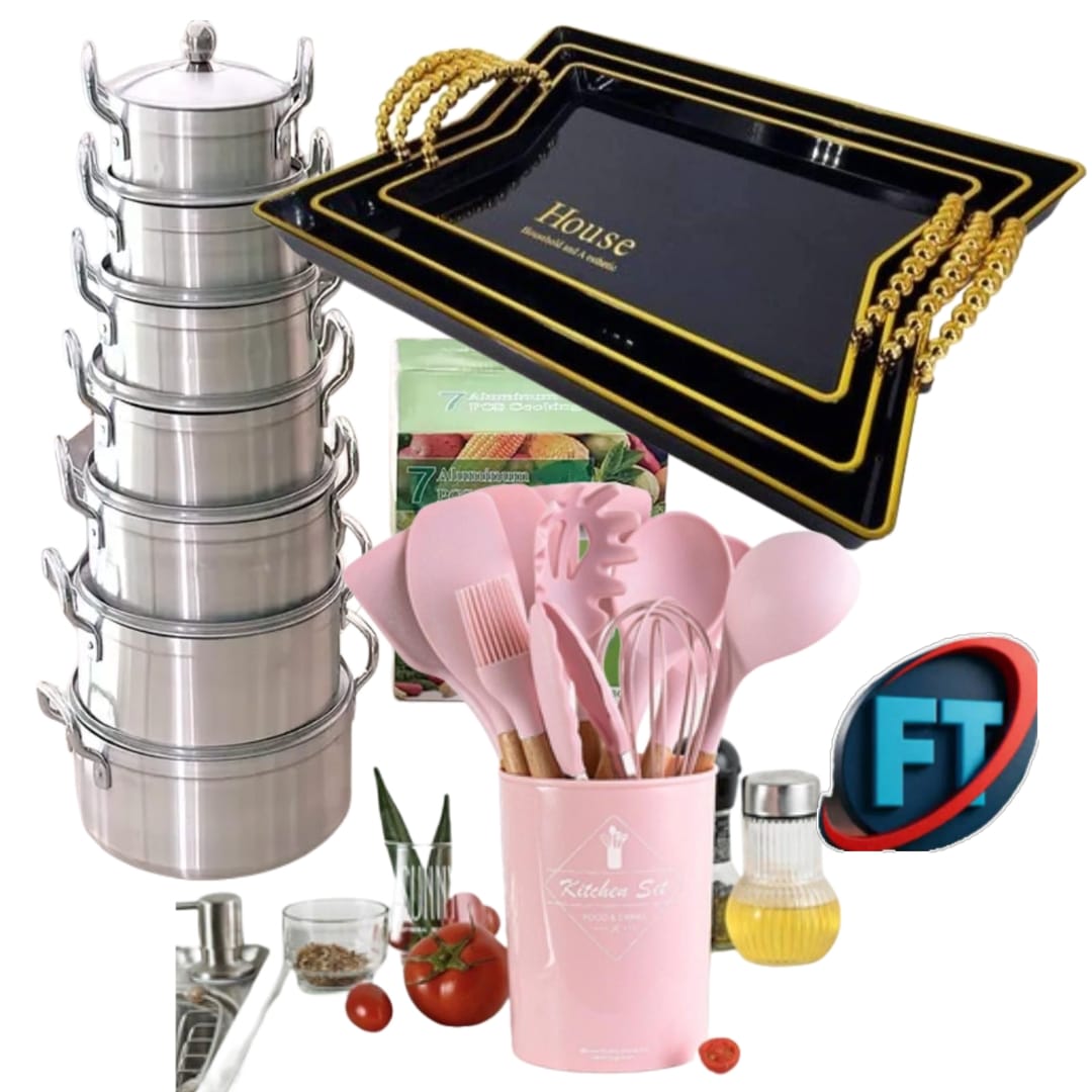 Aluminum Pots Combo 7 Piece Pot Set 3 Tray 12 Utensil Set