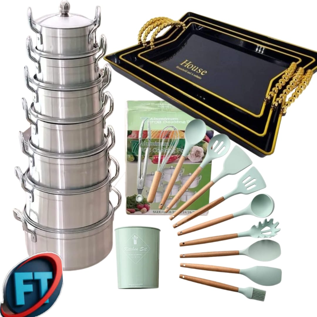 Aluminum Pots Combo 7 Piece Pot Set 3 Tray 12 Utensil Set