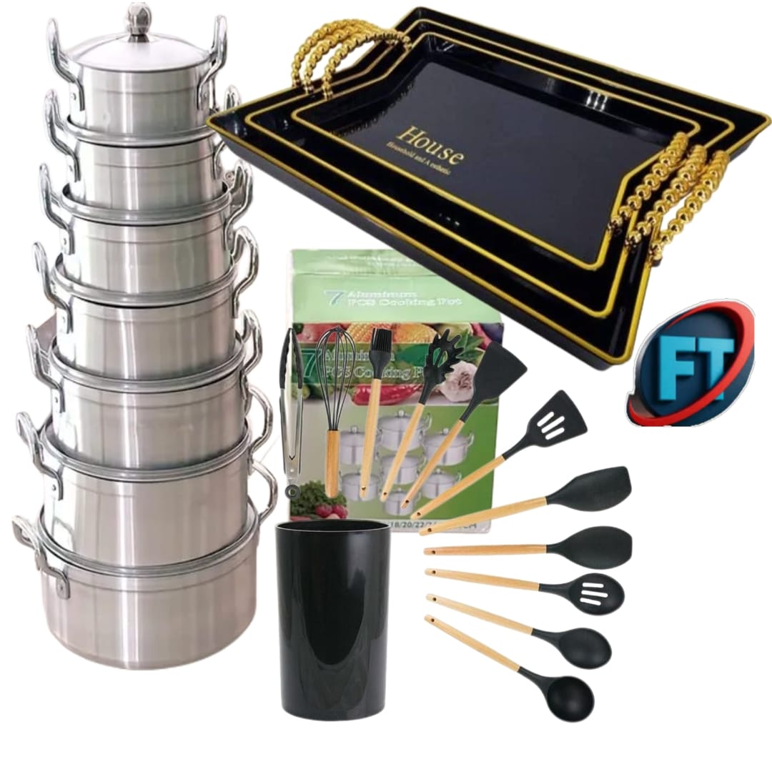 Aluminum Pots Combo 7 Piece Pot Set 3 Tray 12 Utensil Set