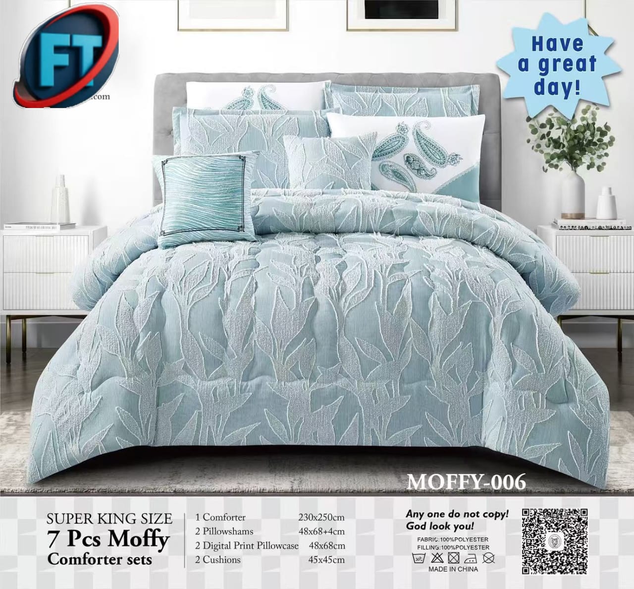 7 Piece Super King Comforter Set with Pillow Shams Deluxe