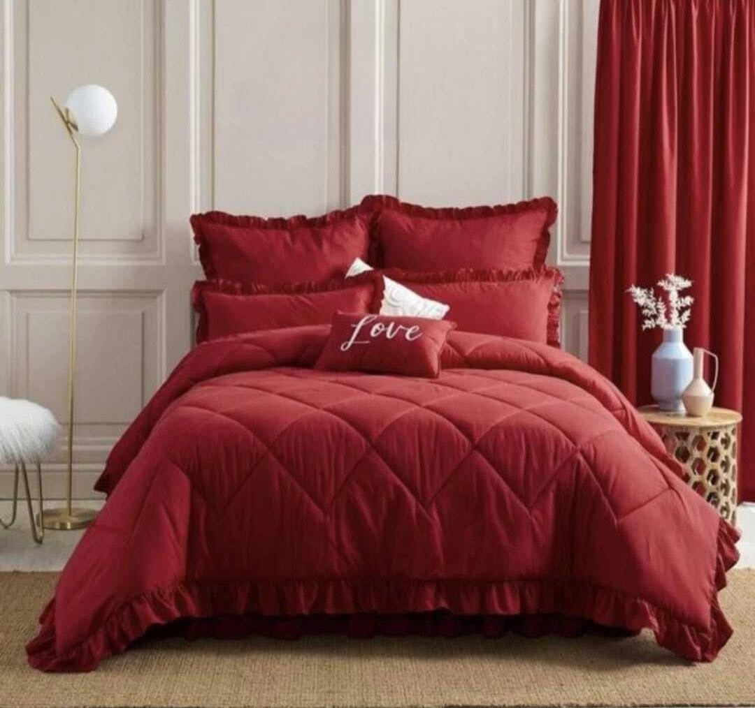 King Size 5 Piece Bedding Set Frilled Comforter Pillowcases