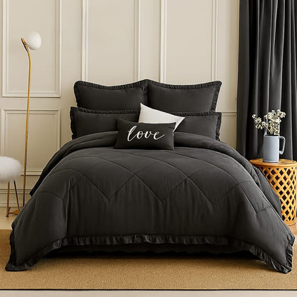 King Size 5 Piece Bedding Set Frilled Comforter Pillowcases