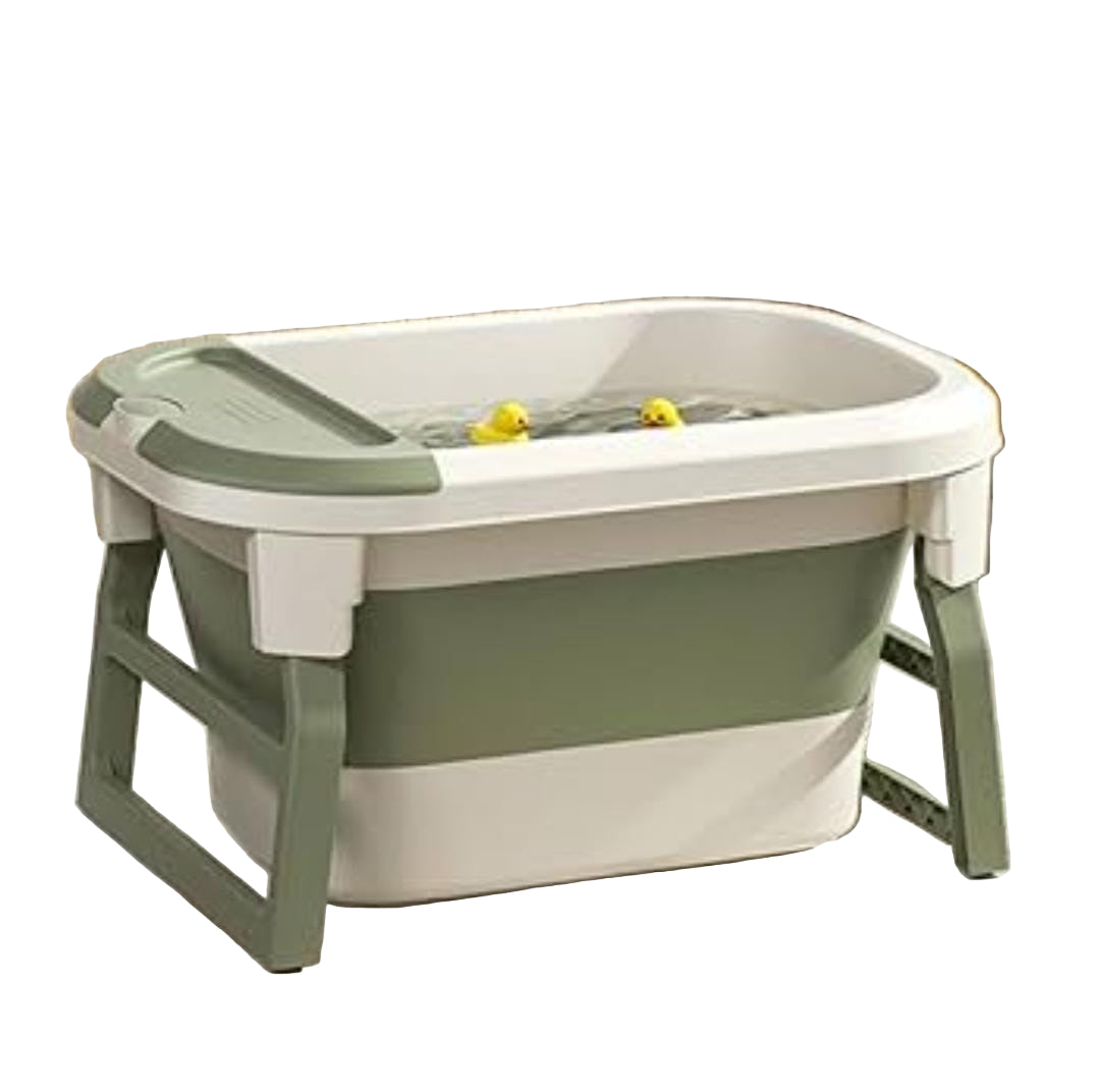 Portable bathtub with yellow rubber ducks on a bathroom floor.