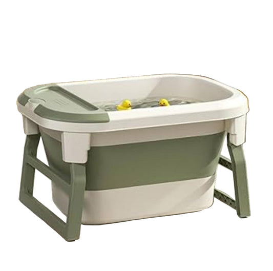 Portable bathtub with yellow rubber ducks on a bathroom floor.