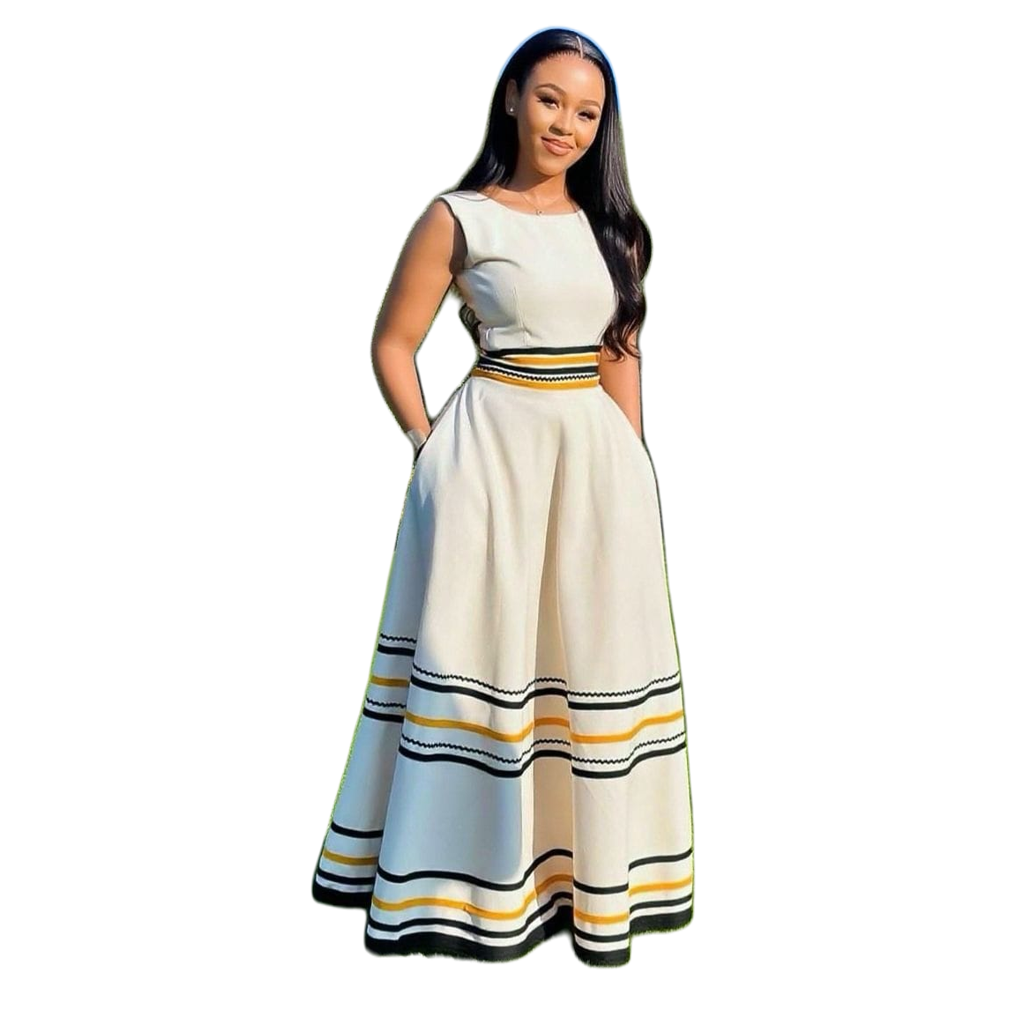 White Traditional Dress With Stripes For Women Elegant Chic