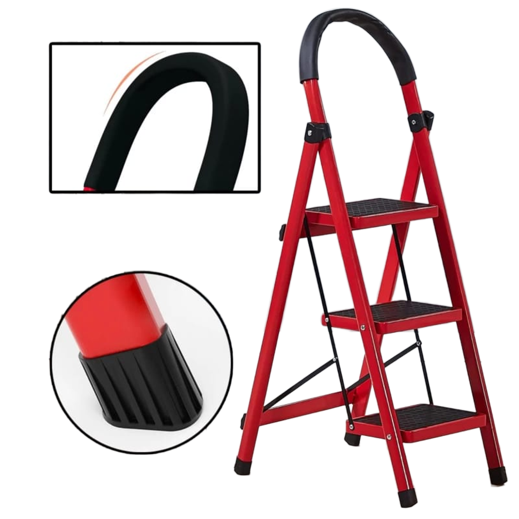 3 Step Foldable Ladder Red for Home Maintenance and Reach
