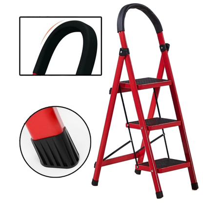 3 Step Foldable Ladder Red for Home Maintenance and Reach